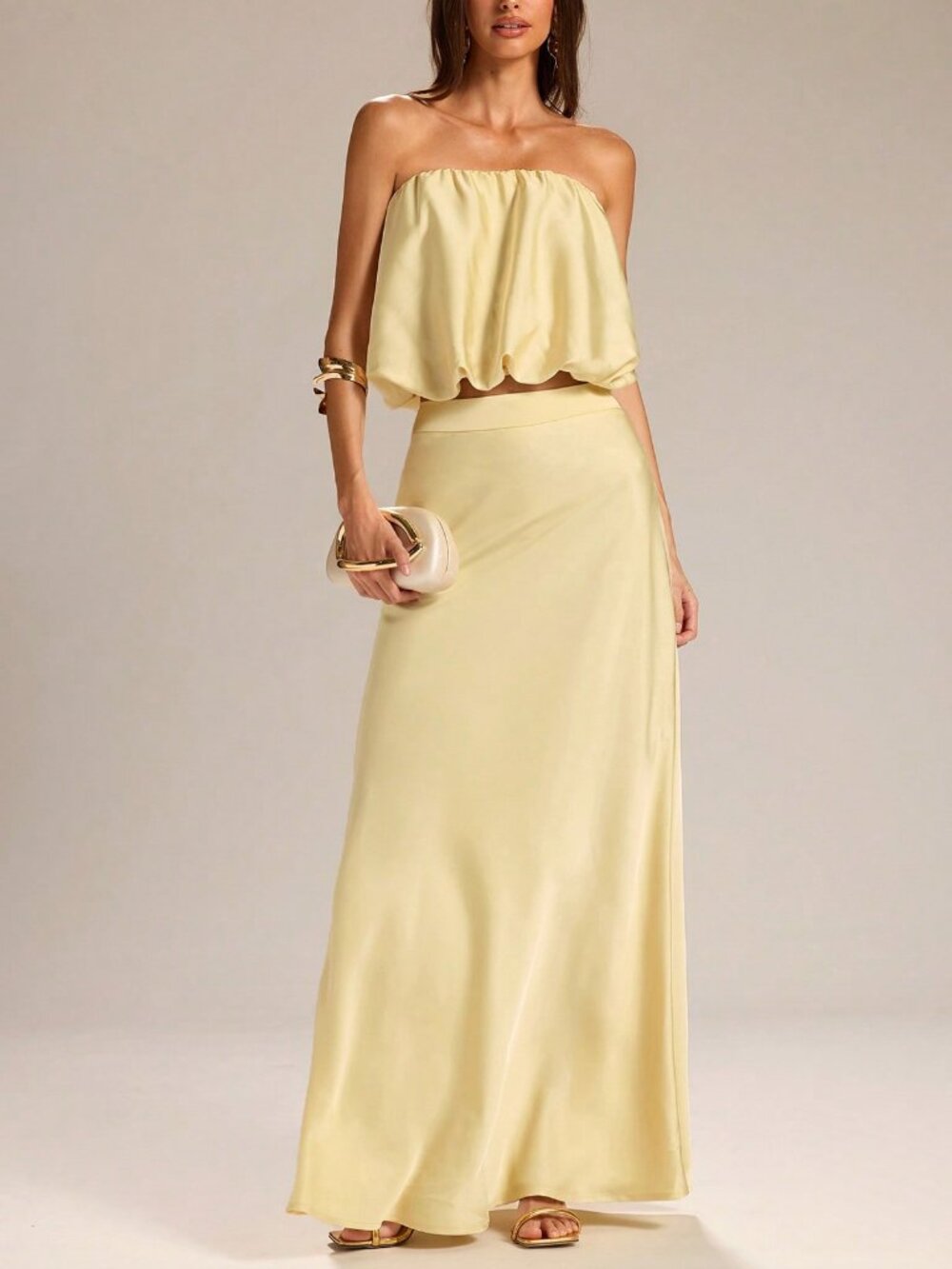 Yellow Elegant Women's Strapless Puff Satin Top Mermaid Date Night Skirt Set